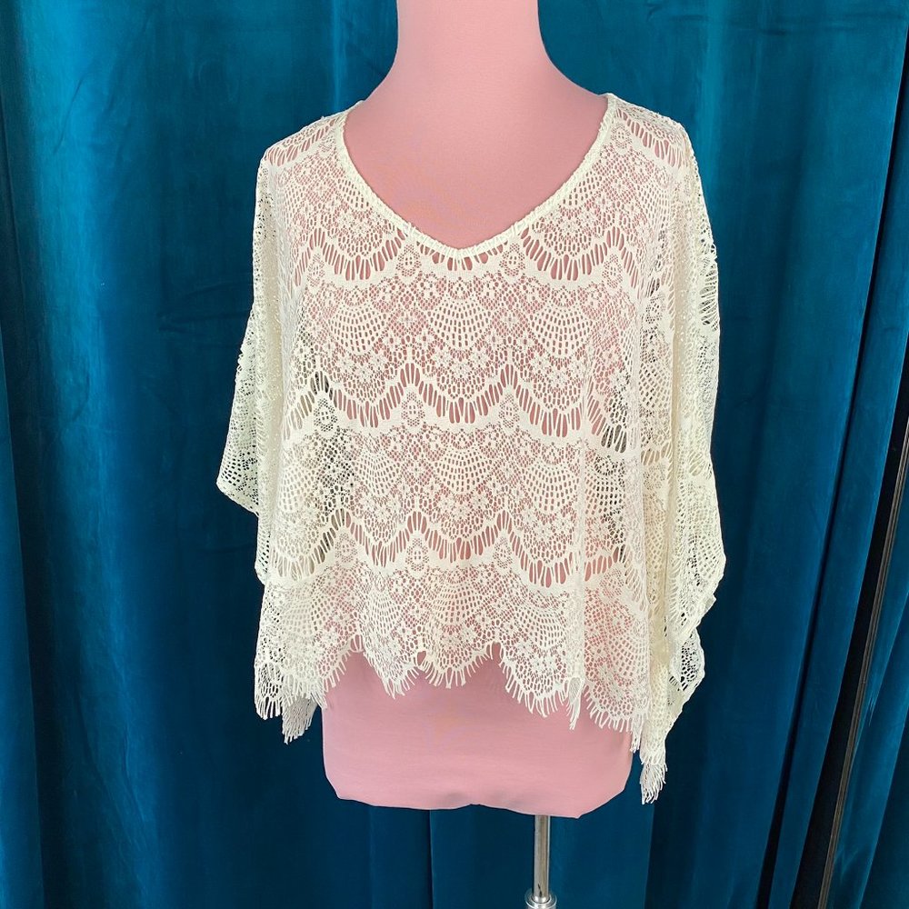 Express Crochet Lace Cropped Poncho Top In Cream - Picture 2 of 7